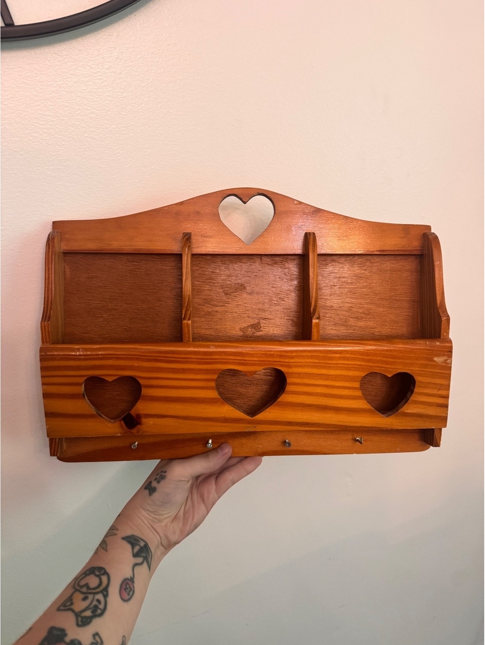 Vintage Wooden Wall Shelf with Heart Cutouts and Hooks